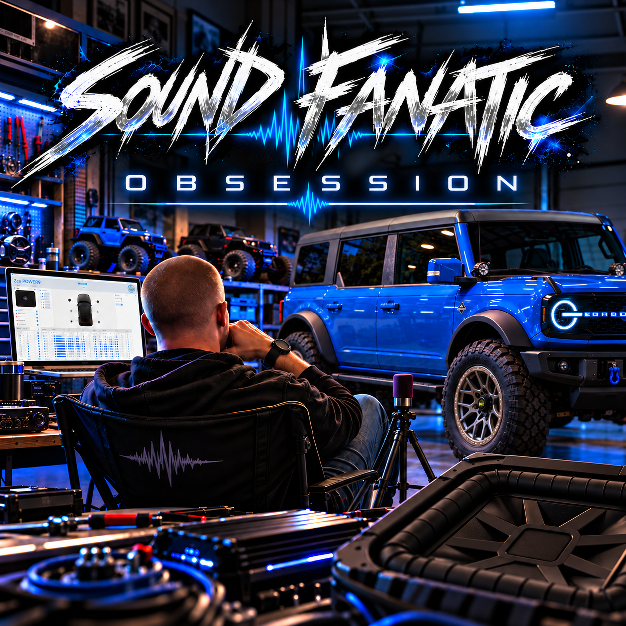 Obsession cover: Sound Fanatic in a blue-lit garage with his Velocity Blue Bronco